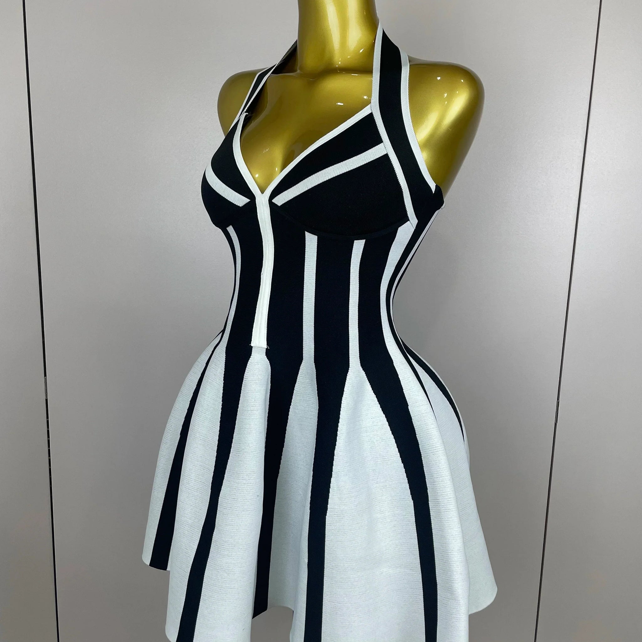 Sexy Backless Black White Stripes Halter Bandage A Line Short Dress Women Celebrity Elegant Evening Party Holiday Club Dress