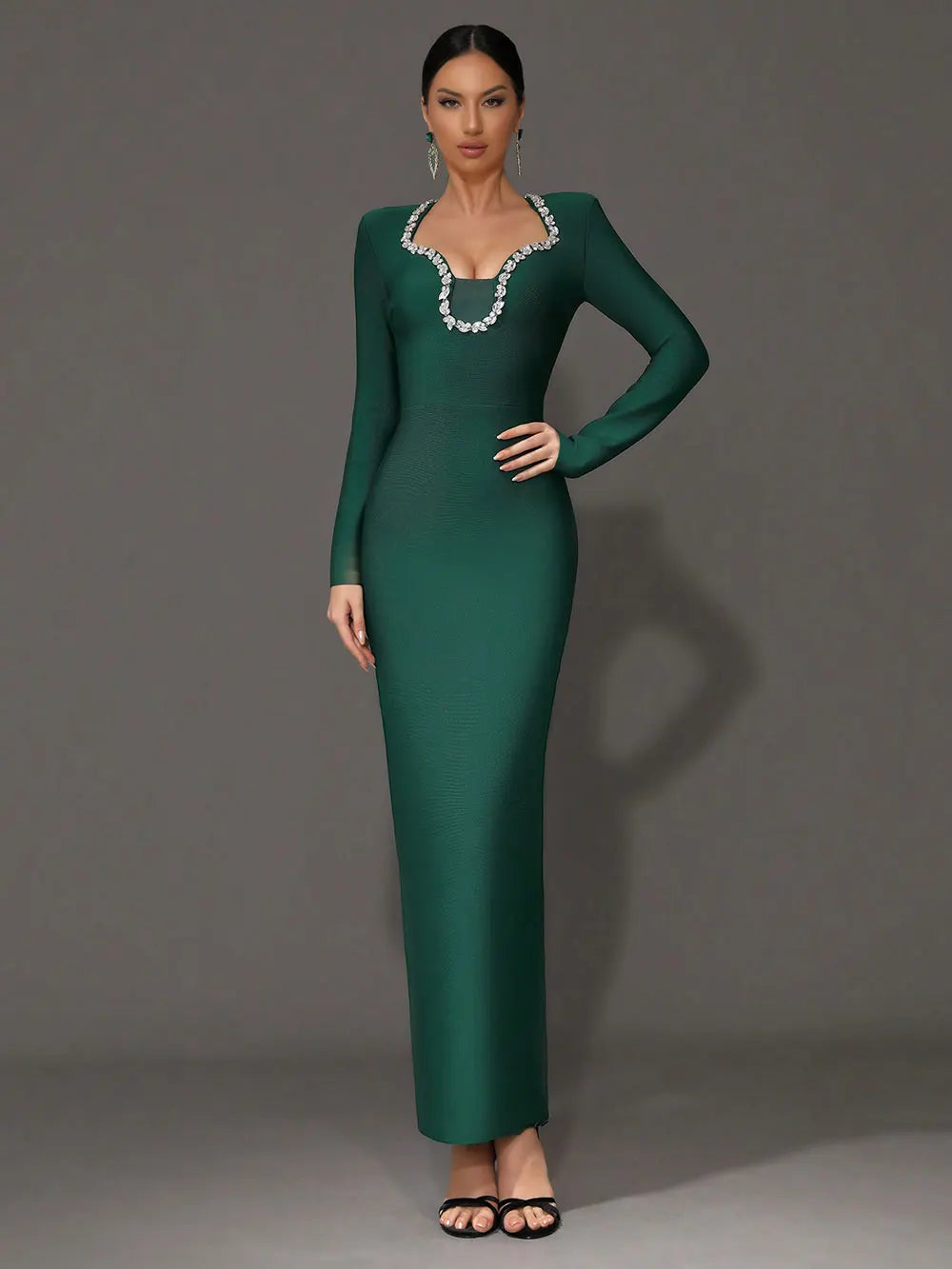 Elegant Women's Light Luxury Nail Diamond Design Bandage Dress U Neck Long Sleeve Bodycon Long Dress Evening Party Vestidos Dark Green