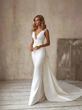 Satin Elegant Wedding Dresses Sexy Mermaid For Formal Party Deep V-Neck Backless Sleeveless Simple Robes Vestidos De Novia CHINA