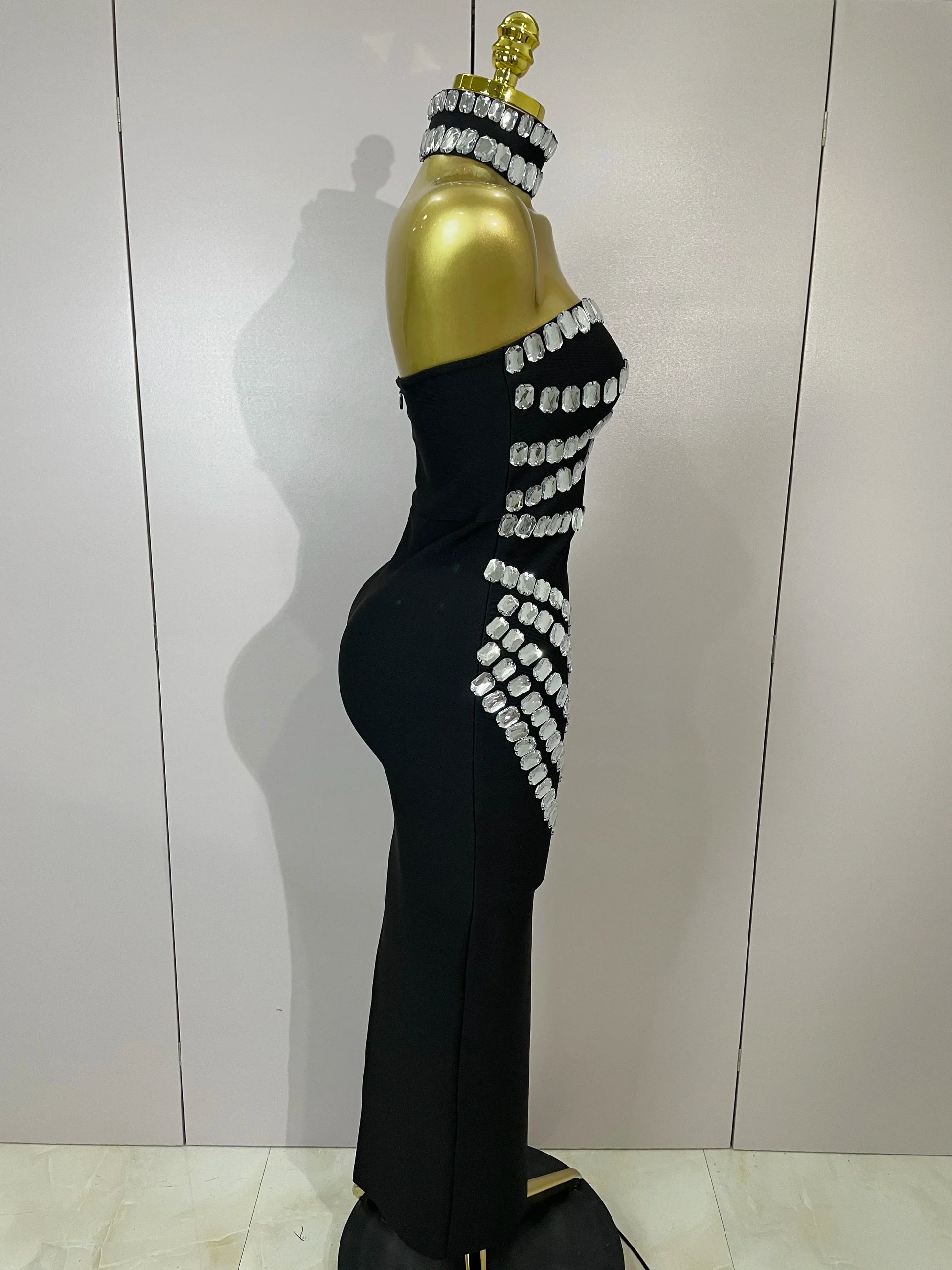Women Sexy Backless Strapless Black Beading Long Bandage Bodycon Dress Celebrity Elegant Evening Luxury Birthday Dresses