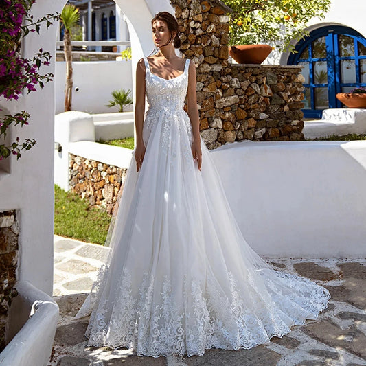 Sexy Square Collar Sleeveless Vestidos De Novia Delicate Lace Wedding Dresses Appliques Vestido De Noiva Ivory