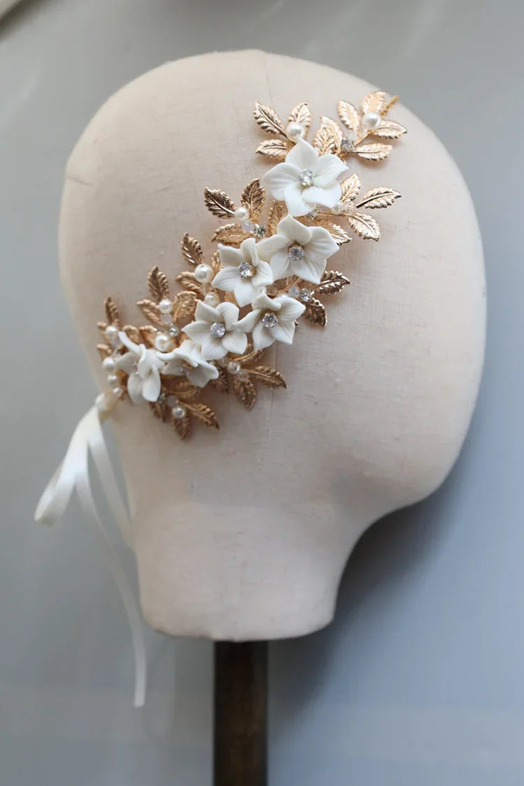 Wedding Hair Accessories Vintage Gold Color Headband Pearl Crystal Hairband Bride Porcelain Flower Leaf Headpiece Bridal Jewelry