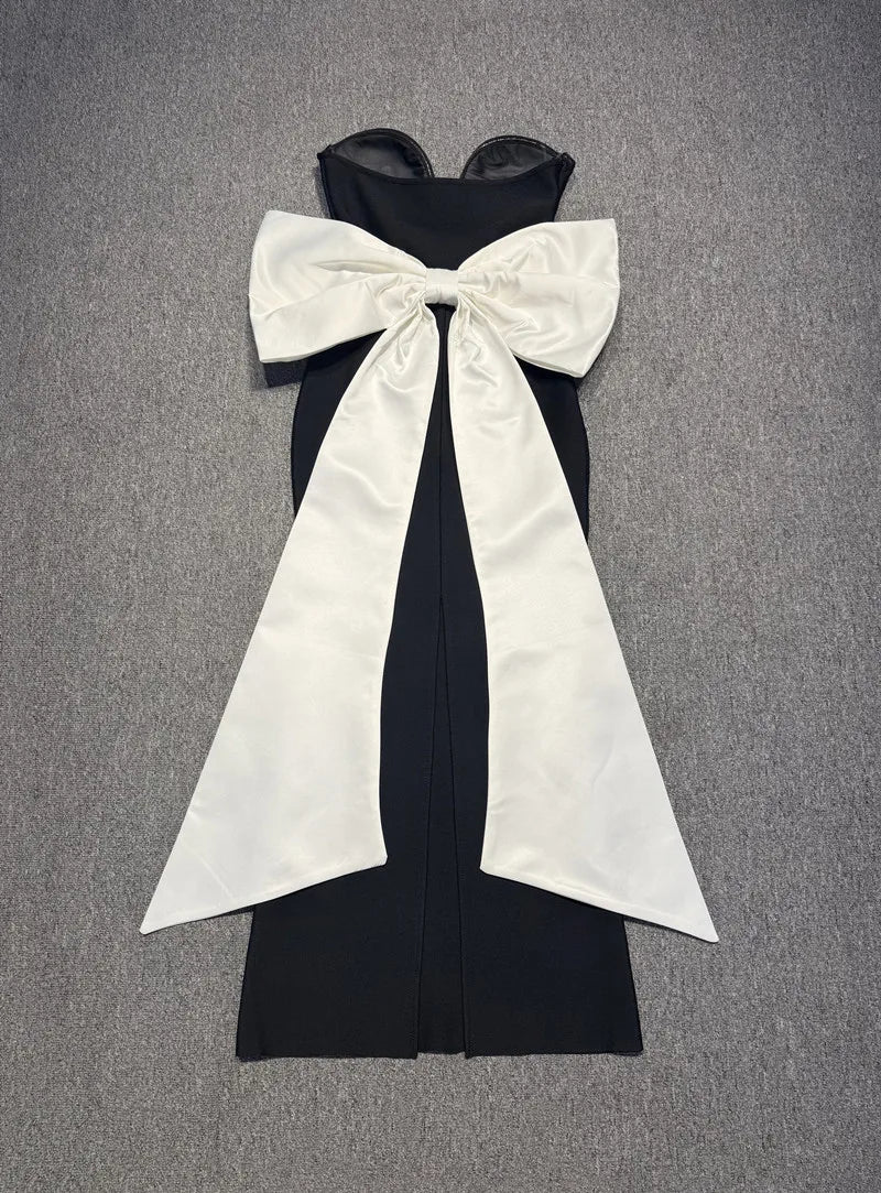 Women Sexy Strapless Big White Bow Bodycon Long Bandage Dress Nightclub Party Celebrate Cocktail Outfit Vestido