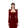Top Quality Black Winered Women Long Sleeve Square Collar Shinning Crystal Bodycon Long Bandage Dress Elegant Evening Party Wear Claret