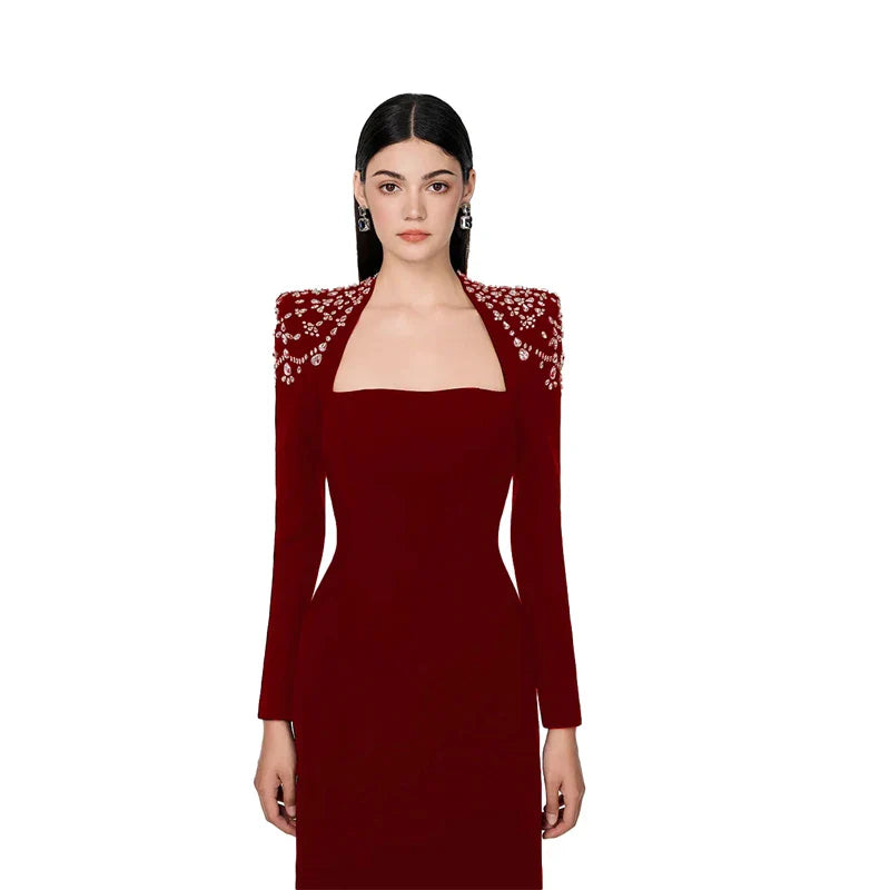 Top Quality Black Winered Women Long Sleeve Square Collar Shinning Crystal Bodycon Long Bandage Dress Elegant Evening Party Wear Claret
