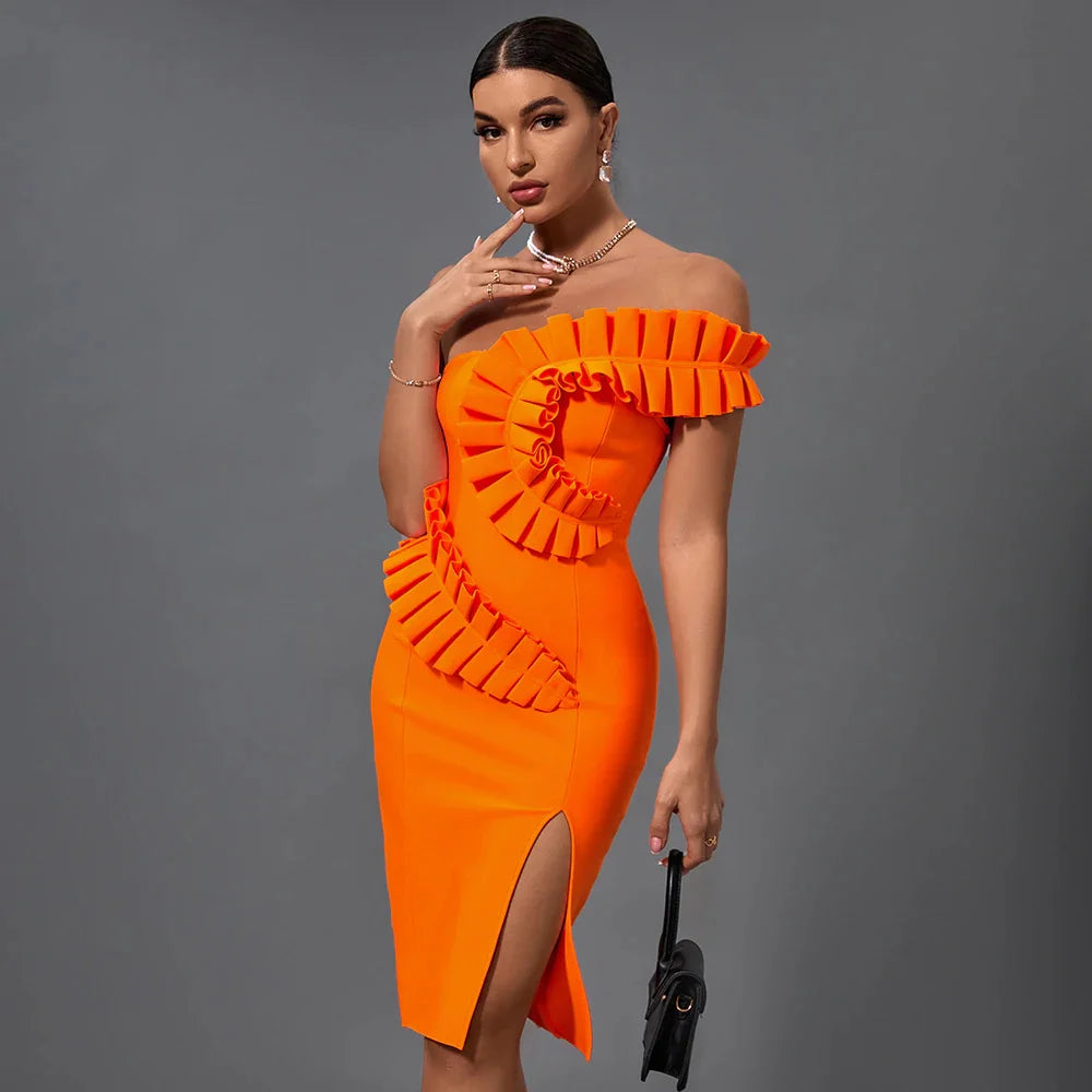 2022 Summer Women One Shoulder Sexy Ruffles Bodycon Mini Dress Bandage Rayon Celebrate Birthday Party Dress Vestido Orange