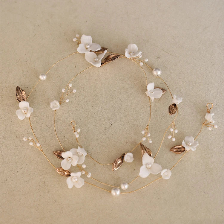Wedding Hair Accessories Porcelain Flower Headband Hairband Vintage Gold Color Headpiece Brides Pearl Headwear Bridal Jewelry a