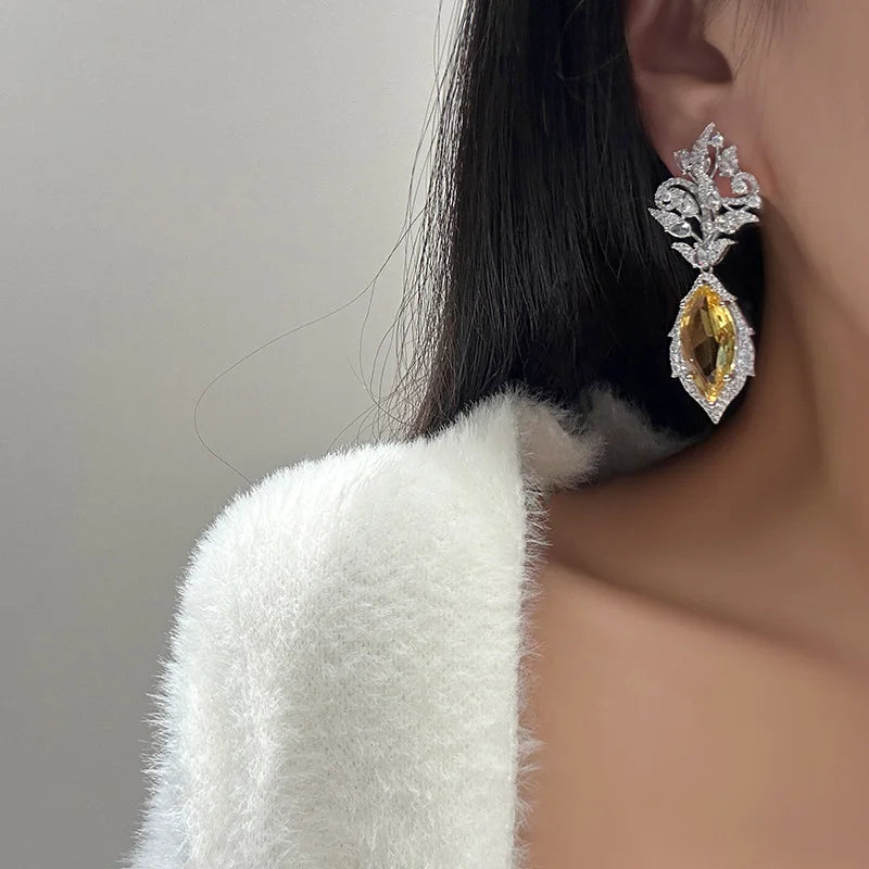 Luxury Yellow Zircon Bridal Earrings CZ Cubic Zirconia Wedding Earring For Brides Accessories Women Party Dinner Dress Jewelry