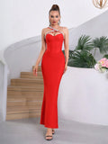 2024 Sexy Women's Wear Beaded Water Diamond Bandage Dress One Shoulder Sleeveless Bodycon Off the Back Long Dress Party Vestido Red