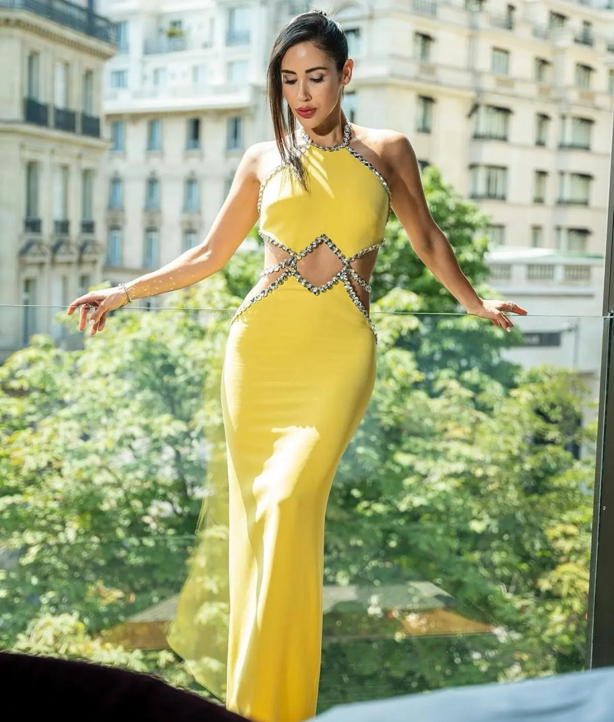 Yellow Color Women Sexy Off the Shoulder Shinning Crystal Bodycon Bandage Long Dress Celebrity Elegant Evening Party Dress Yellow