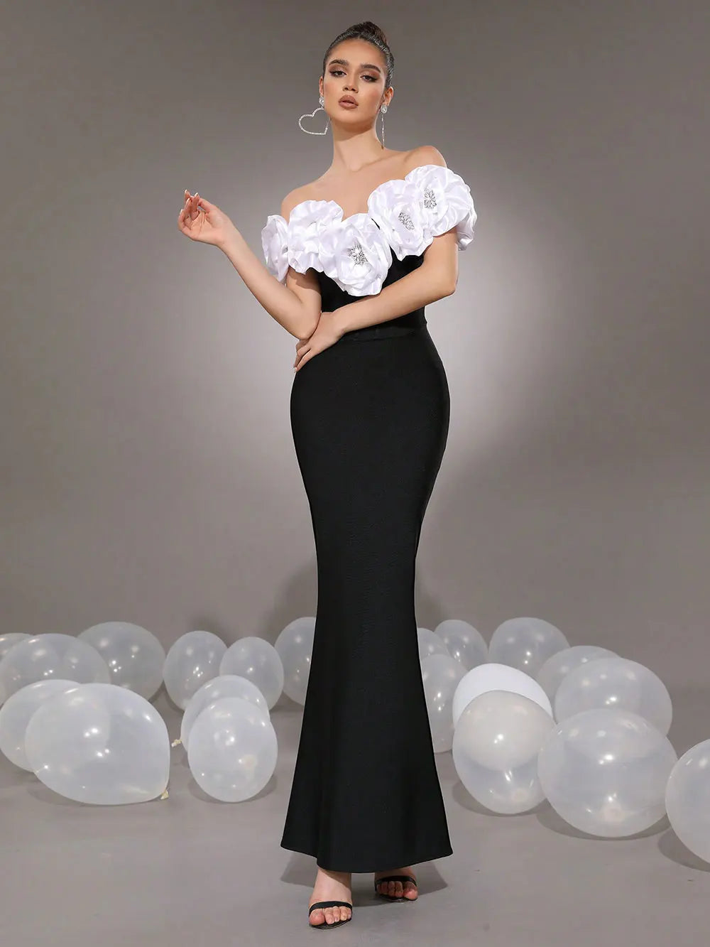 Elegant Women's Light Luxury Flower Design Bandage Dresses One Collar Shoulder Bodycon Bareback Long Dress Party Vestidos