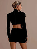 Women's Heavy Industry Nail Bead Flower Short Skirt Set High Collar Long Sleeve Tight Ultra Short Top+Mini Skirt Two Piece Set