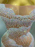 Sexy Sparkle Rhinestone Transparent Stretch Mini Dress Women Evening Birthday Party Club Stage Performance Costume