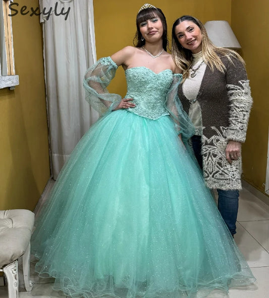 Beautiful Mint Green Quinceanera Dresses With Sleeves Elegant Lace A Line Tulle Sweet 16 Dress Pageant Formal Party Customized green