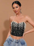Spring Sexy Women Light Luxury Nail Bead Design Bandage Tank Top Strapless Sleeveless Backless Hooded Ultra Short Tank Top