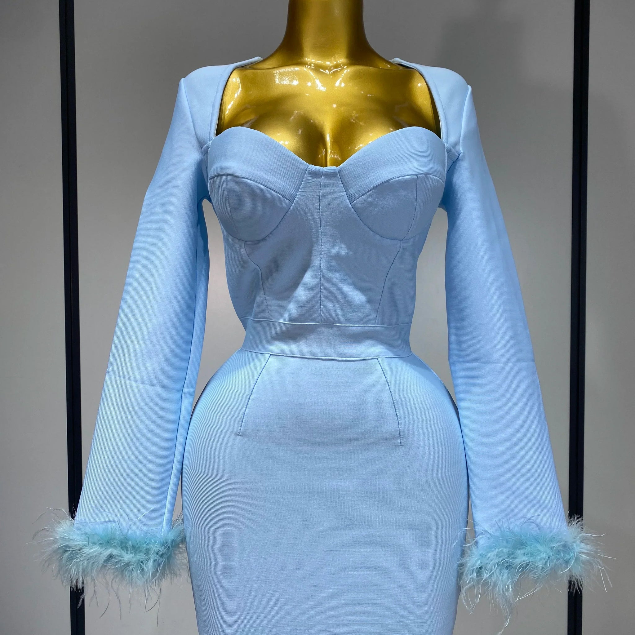 Women Fashion Sexy Long Sleeve Feathers Mini Bodycon Bandage Dress Elegant Evening Party Club Luxury Birthday Dresses SKY BLUE
