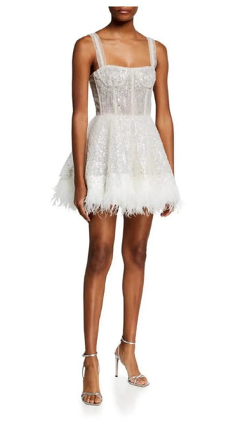 Amanda Glitter Mini Vestido De Novia Sexy Vestido Corto Brillante con Falda de Plumas y Diseño de Ball Gown para Promoción Ivory