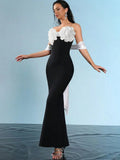 Sexy Women'S Three-Dimensional Flower Design Bandage Dress Strapless Shoulder Strap Sleeve Bodycon Backless Long Dresses