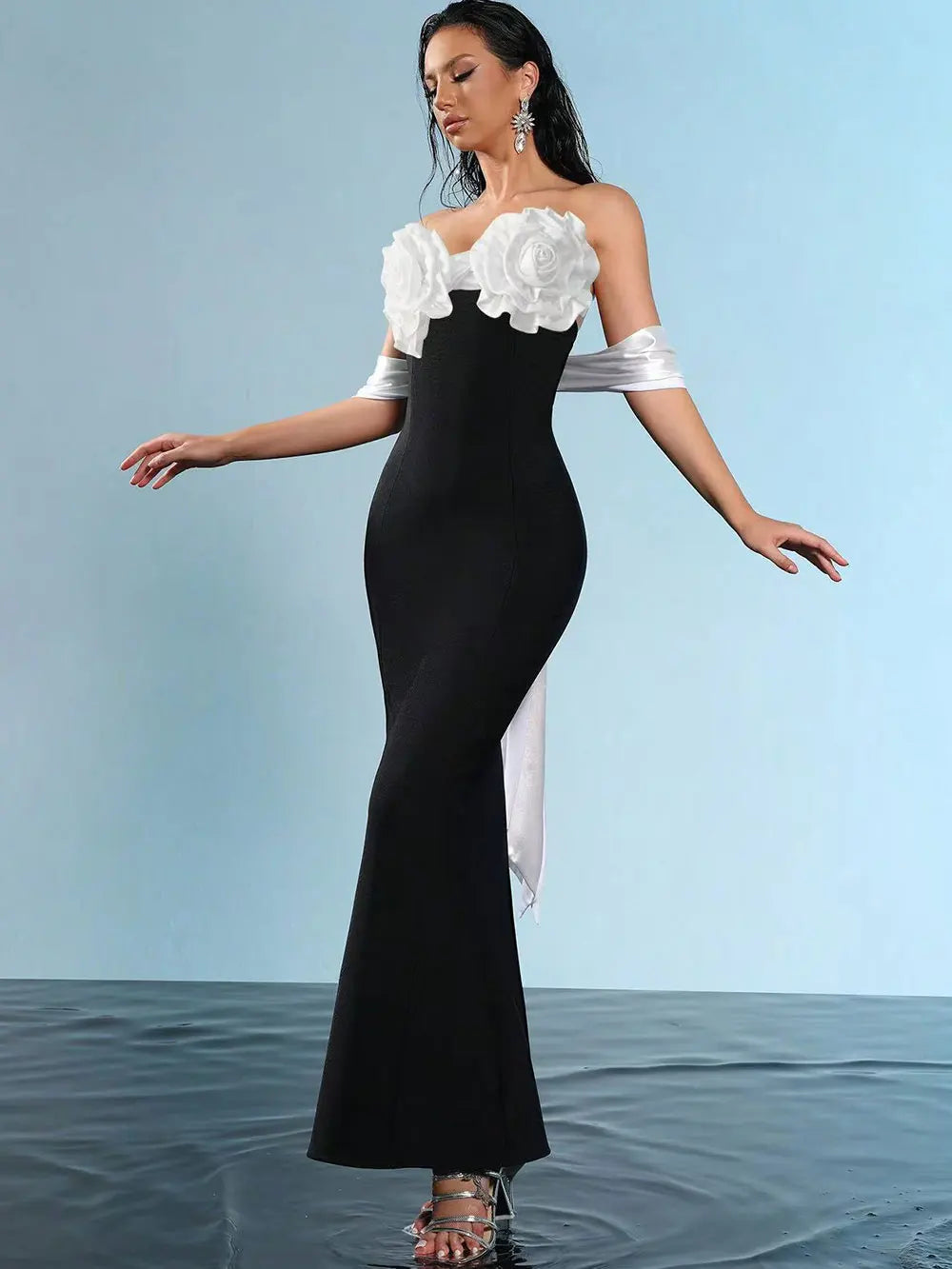 Sexy Women'S Three-Dimensional Flower Design Bandage Dress Strapless Shoulder Strap Sleeve Bodycon Backless Long Dresses