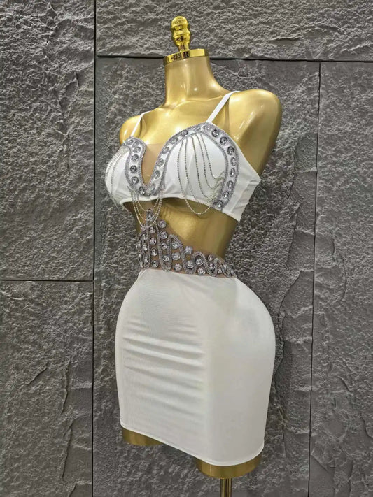 White Color Women Sleeveless Sexy Shinning Diamond Bodycon Mini Dress Birthday Party Celebrate Nightclub Outfit Vestido