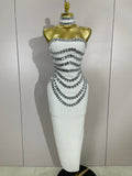 Women Sexy Backless Strapless Black Beading Long Bandage Bodycon Dress Celebrity Elegant Evening Luxury Birthday Dresses WHITE