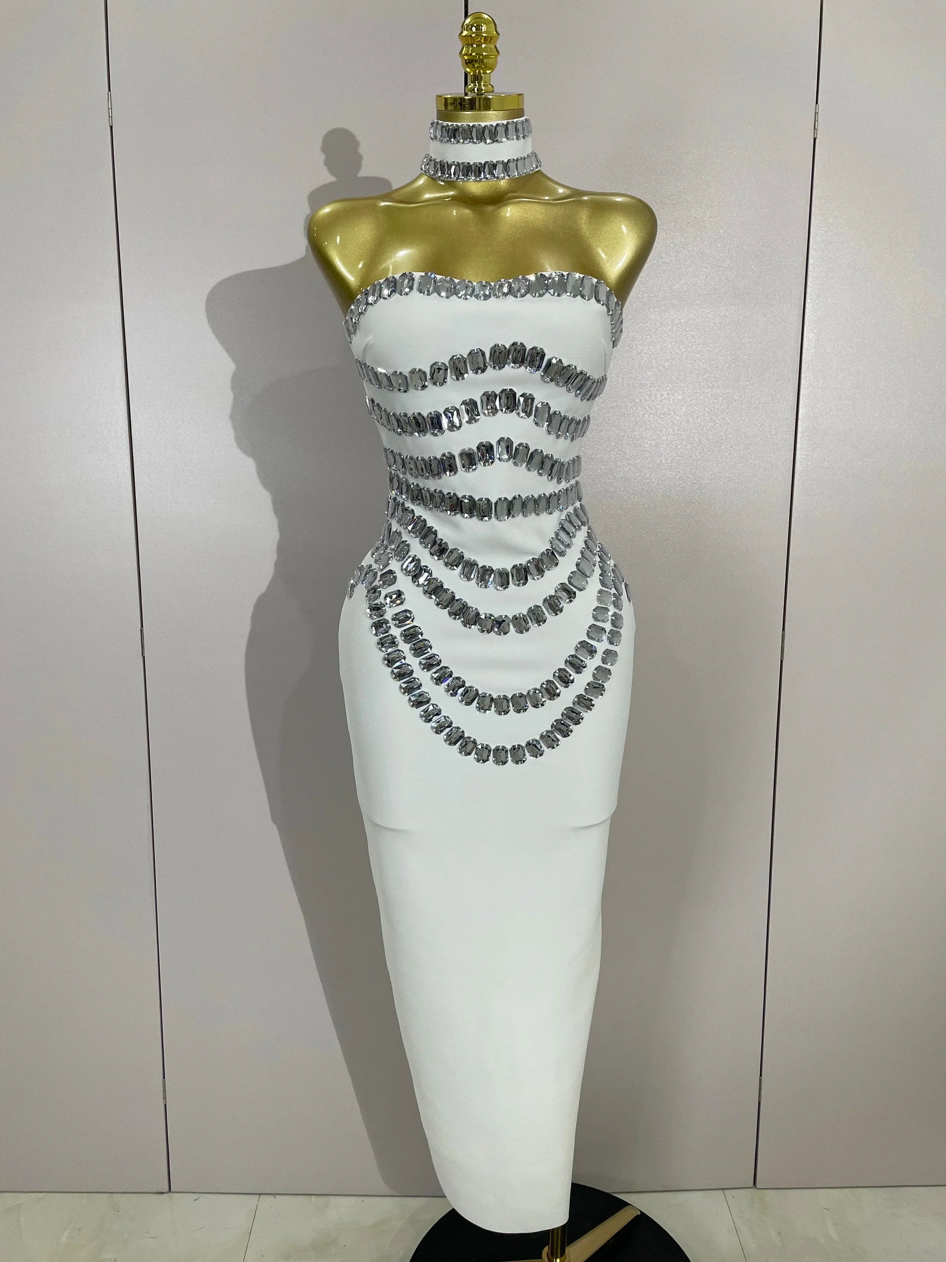 Women Sexy Backless Strapless Black Beading Long Bandage Bodycon Dress Celebrity Elegant Evening Luxury Birthday Dresses WHITE