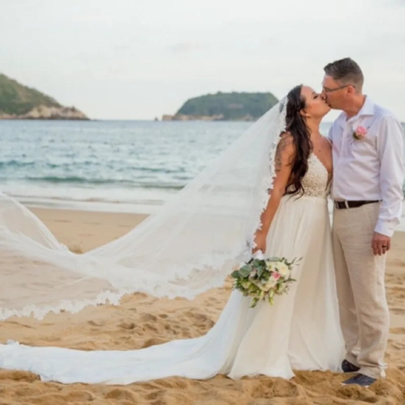 1 Tier Lace Applique Wedding Veil Cathedral Length Bridal Veil