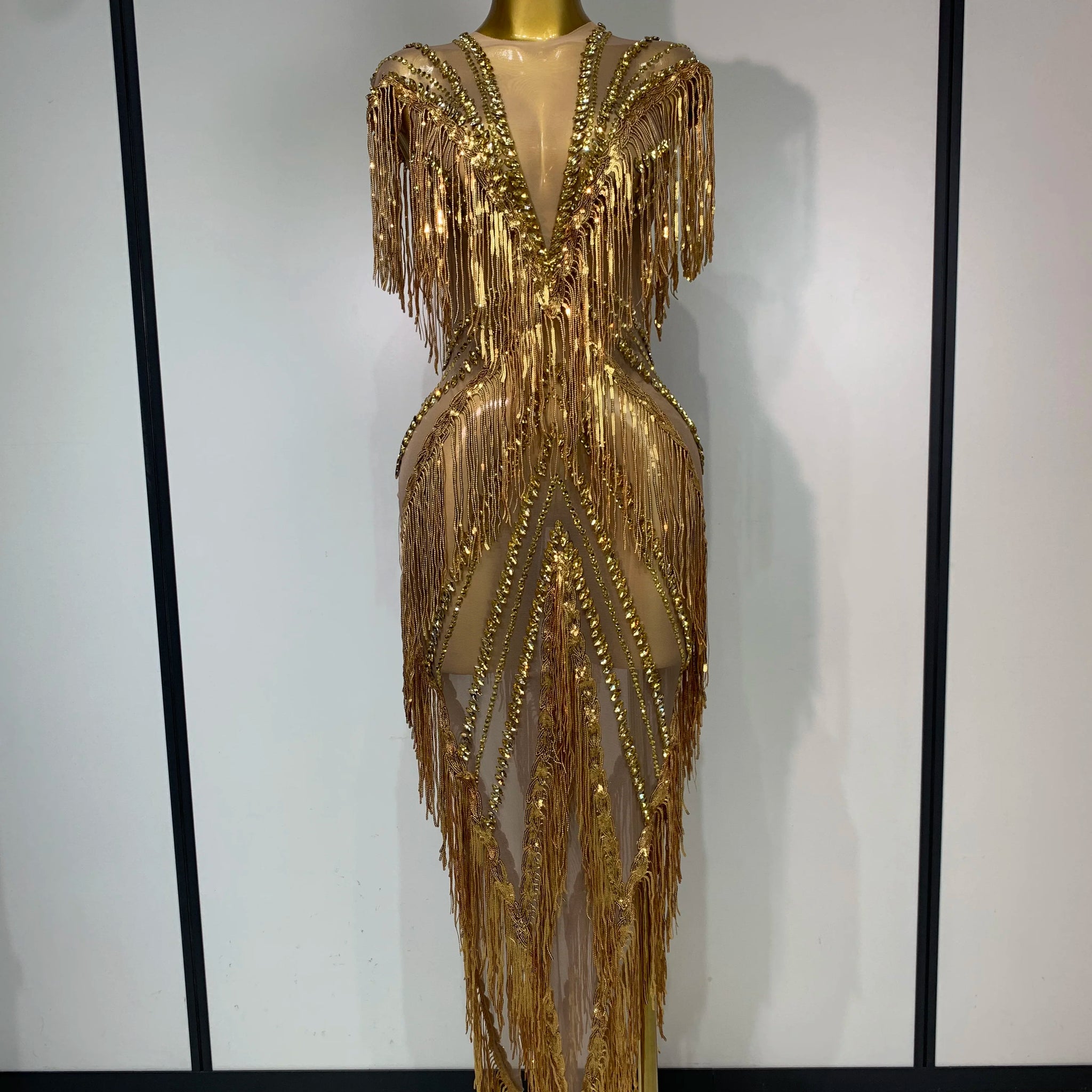 Luxury Sparkly Diamonds Tassels Sexy Mesh See Through Dress Women Evening Birthday Party Nightclub Bar Singer Stage Costumes Gold