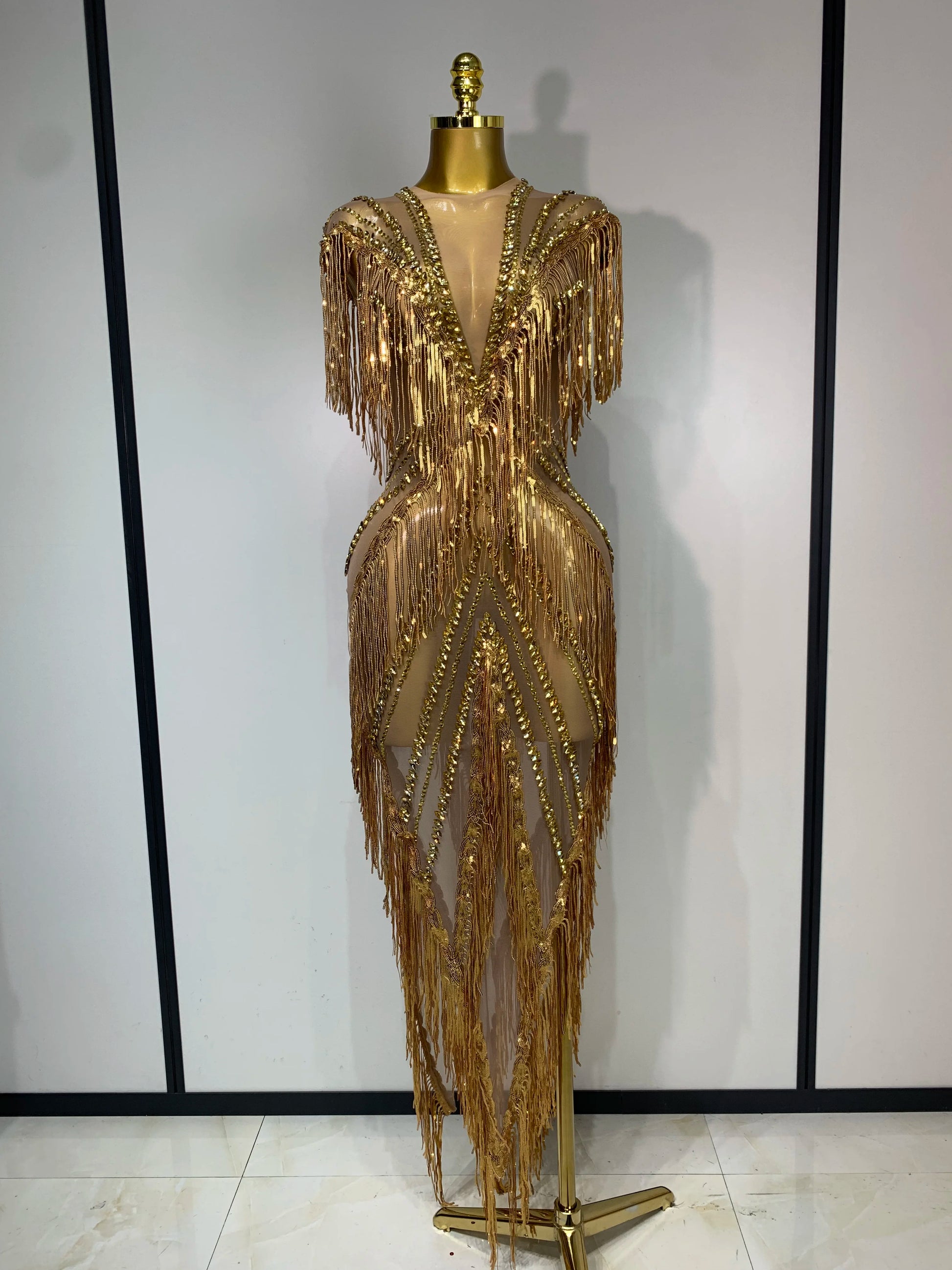 Luxury Sparkly Diamonds Tassels Sexy Mesh Sheer Long Dress Women Evening Birthday Party Nightclub Bar Festival Stage Costumes Gold