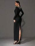 Elegant Women's Light Luxury Hot Diamond Bandage Dress O-neck Long Sleeve Bodycon Black Long Dress Evening Party Vestidos