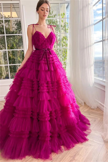 Fuchsia Prom Dresses Multilayer Spaghetti Strap Tulle Wedding Dress Elegant Sleeveless Floor-Length Vestidos De Fiesta