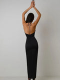 Black Skyblue Color Women Sexy Halter Off the Shoulder Bodycon Mid-calf Bandage Dress Fashion Nightclub Party Celebrate Dress