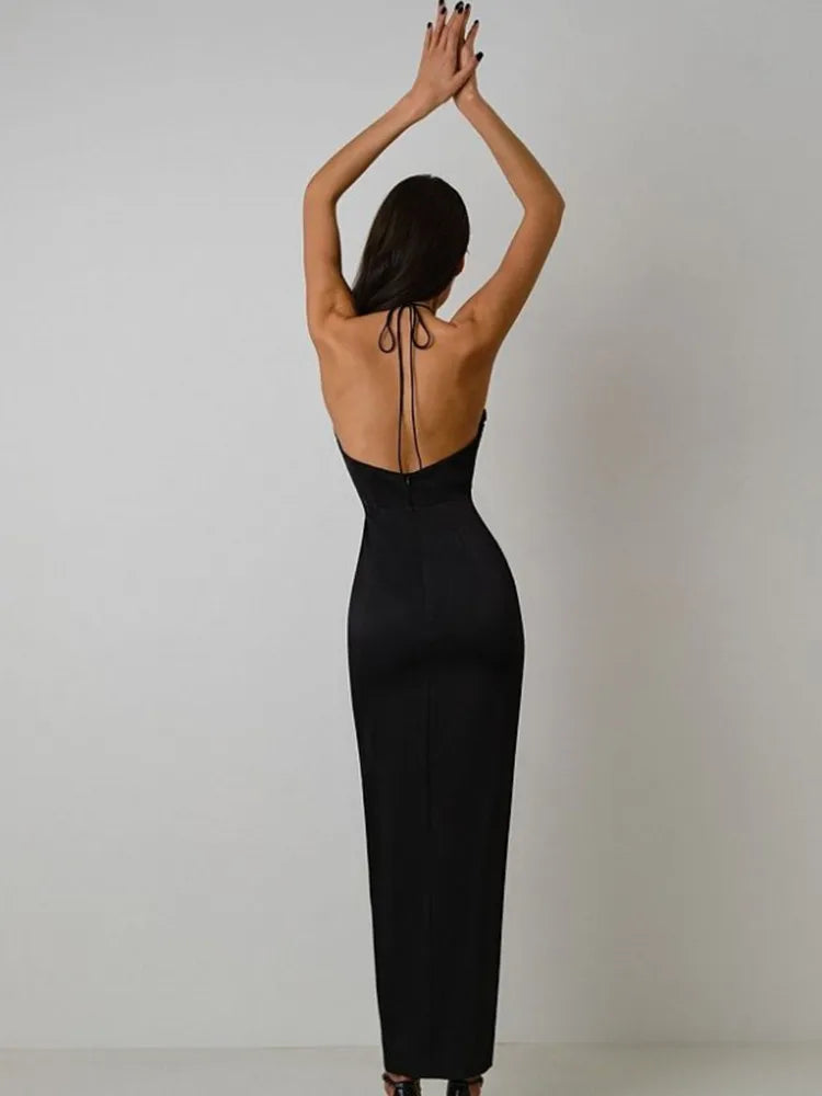 Black Skyblue Color Women Sexy Halter Off the Shoulder Bodycon Mid-calf Bandage Dress Fashion Nightclub Party Celebrate Dress