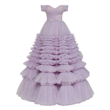 Lavender Off the Shoulder Sleeveless A-line Tulle Prom Dress Multilayer As Picture