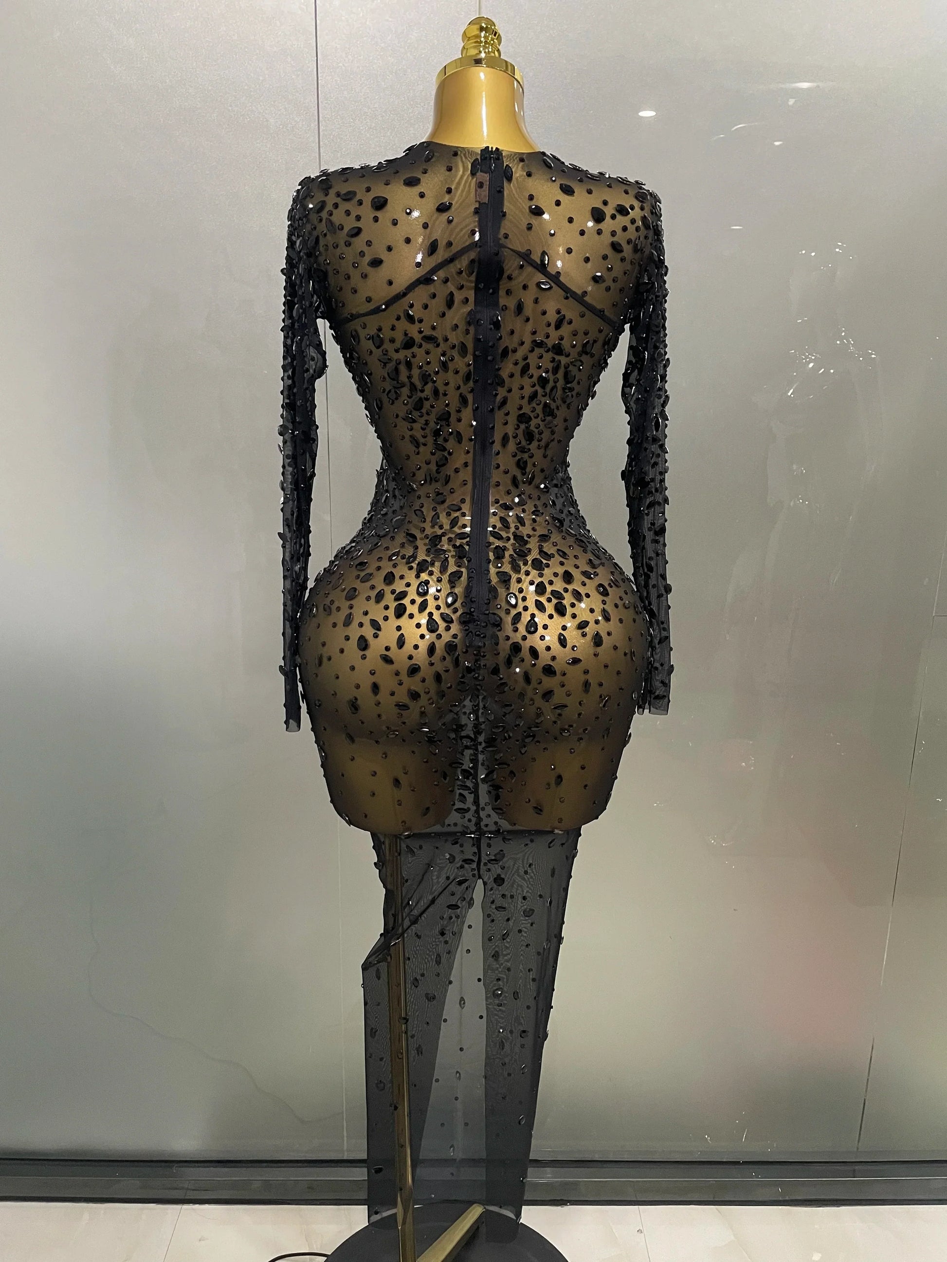 Sexy Shinny Rhinestone Stretch Mesh Transparent Long Dress Women Evening Birthday Party Prom Nightclub Singer Stage Wear