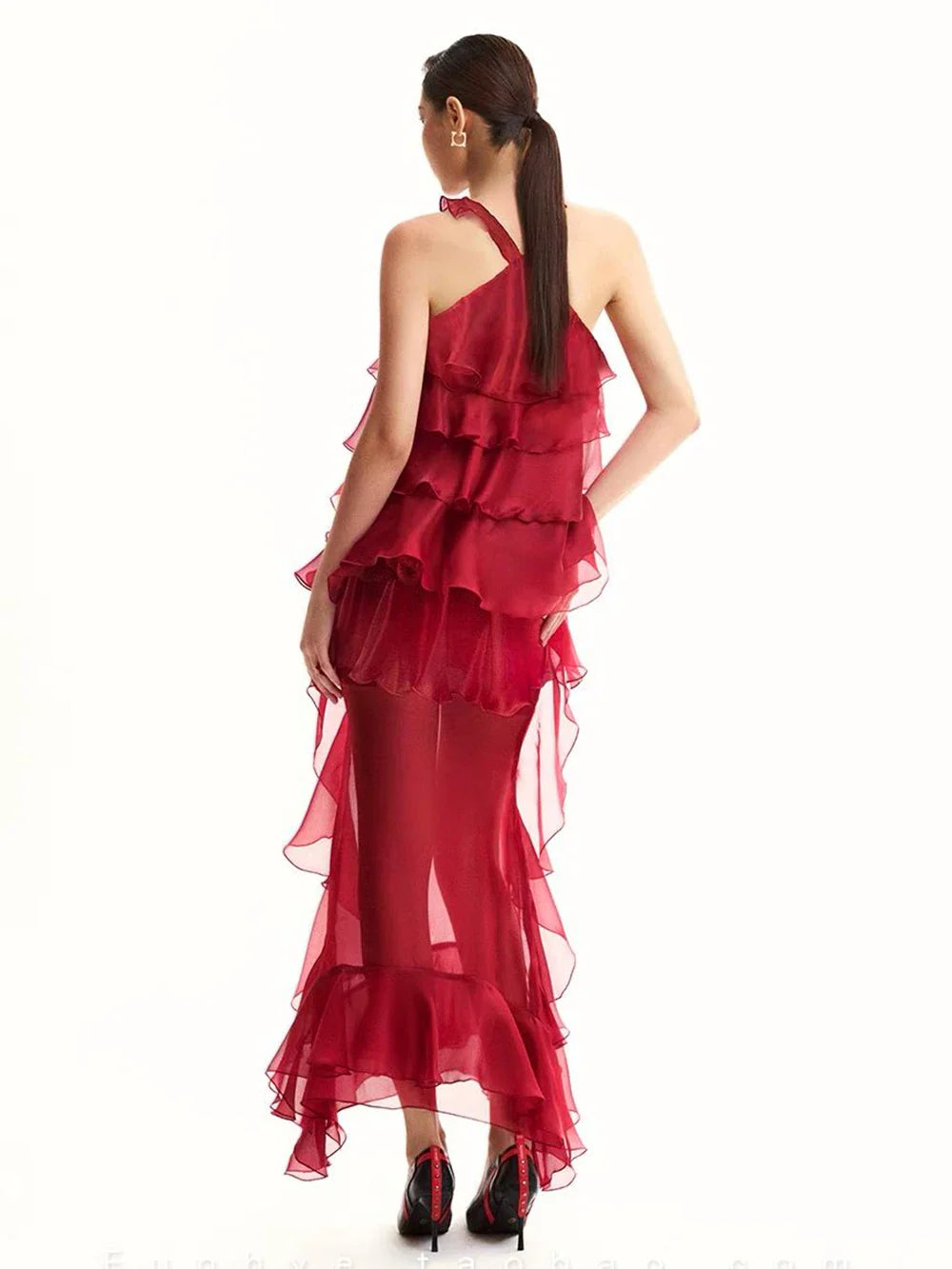 Women Gauze Perspective Irregular Elegant Long Party Dress Ruffles Sleeveless Fashion Tide Summer 2025