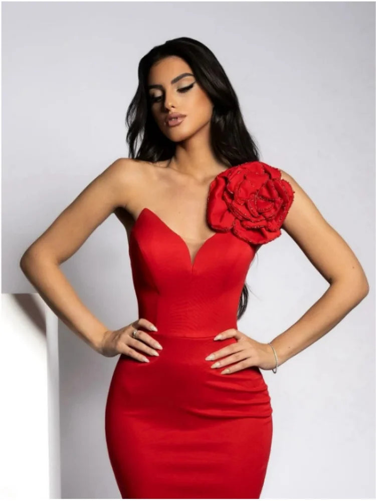 Red Color Women Sexy One Shoulder Shinning Sequins Florals Bodycon Long Dress Fashion Celebrate Wedding Party Dress Vestido