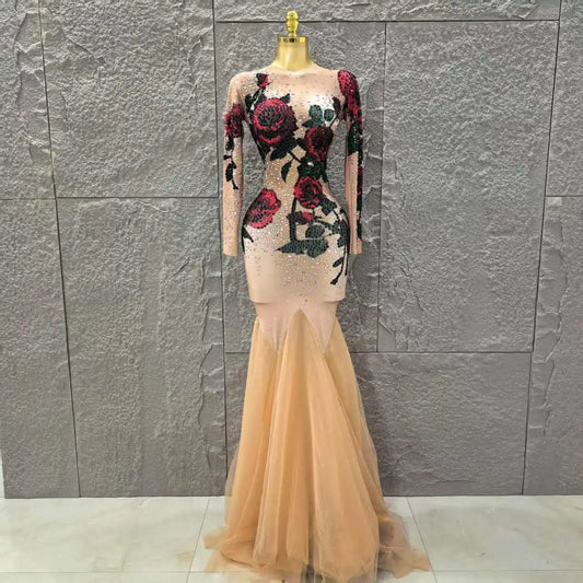 Women Long Sleeve High Stretch Shinning Rhinestones Bodycon Long Maxi Dress Celebrate Evenign Party Bar Singer Stage Wear Khaki