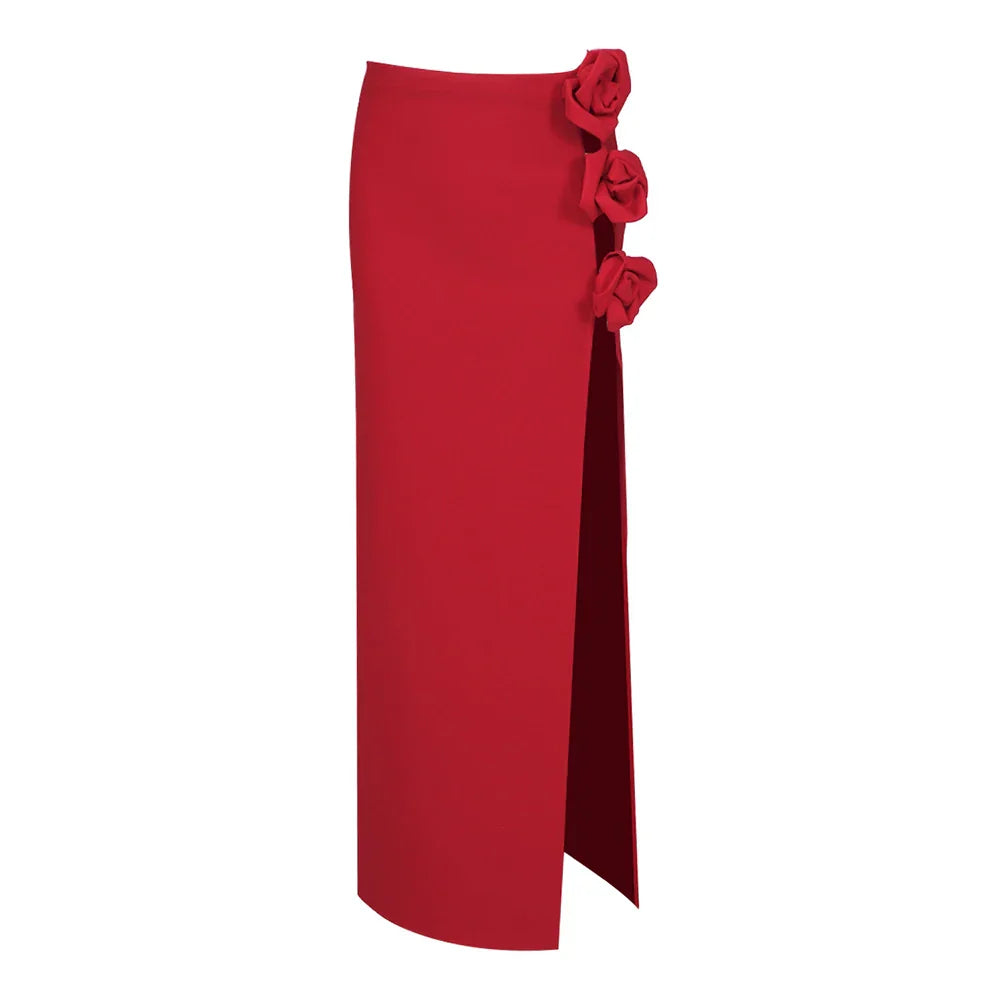 Arrival Rose Decoration Sexy High Split Red Bandage Long Shikt Fashion Graceful woman Item Evening Party Outfit Red