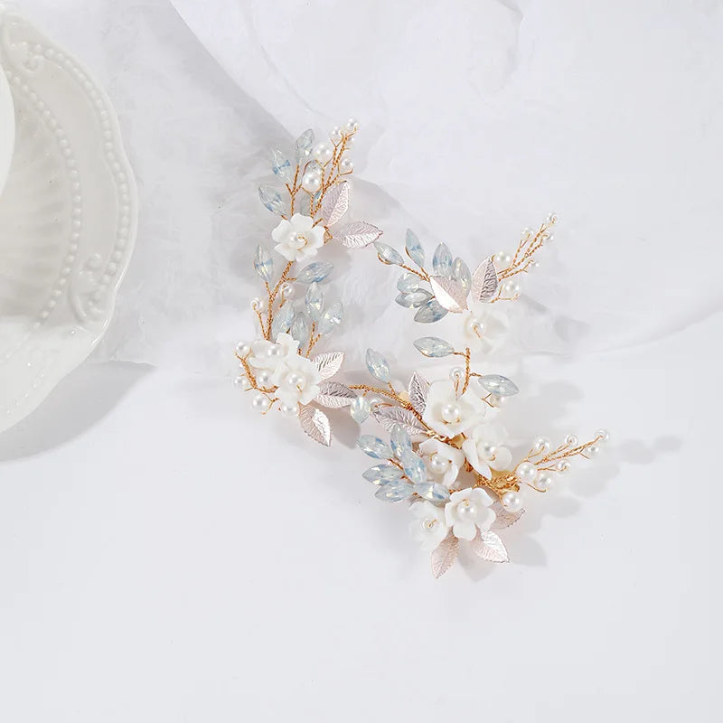 Porcelain Flower Hair Clip Pin Pearl Opal Hairpin Brides Women Vintage Gold Color Headpieces Wedding Accessories Bridal Jewelry