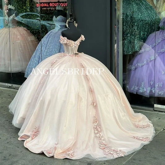 Glitter Pink Off-Shoulder Quinceanera Dresses 3D Flowers Appliques Vestidos De 15 Anos Birthday Party Prom Princess