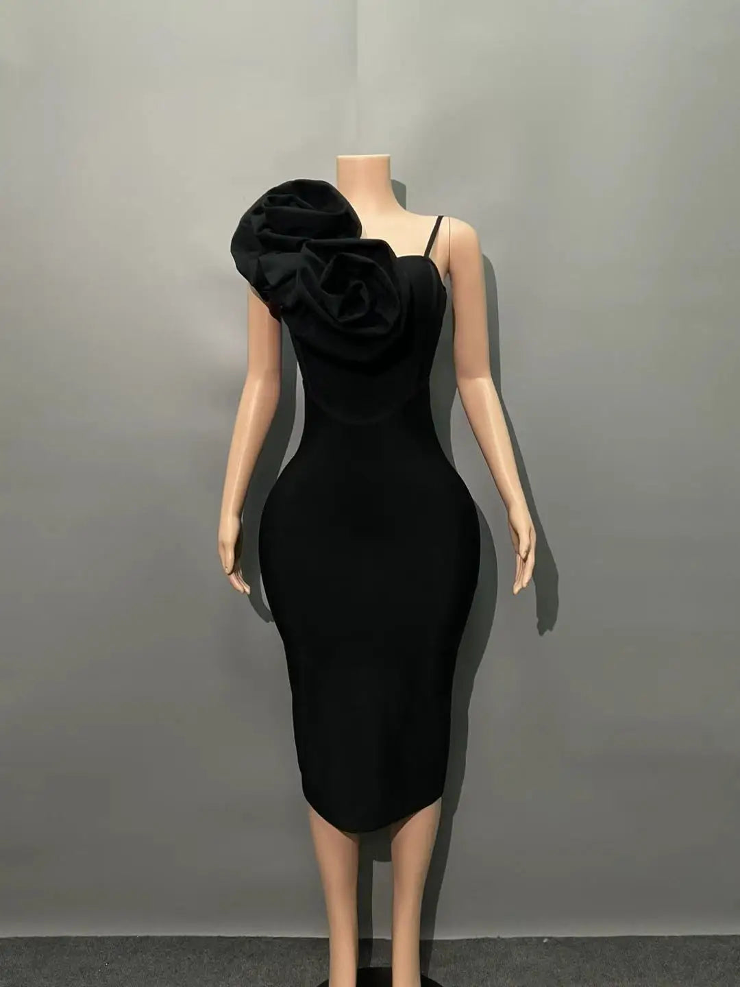 Women Sexy One Shoulder Florlas Bodycon Midi Bandage Dress Celebrate Fashion Evening Party Outfit Vestido black