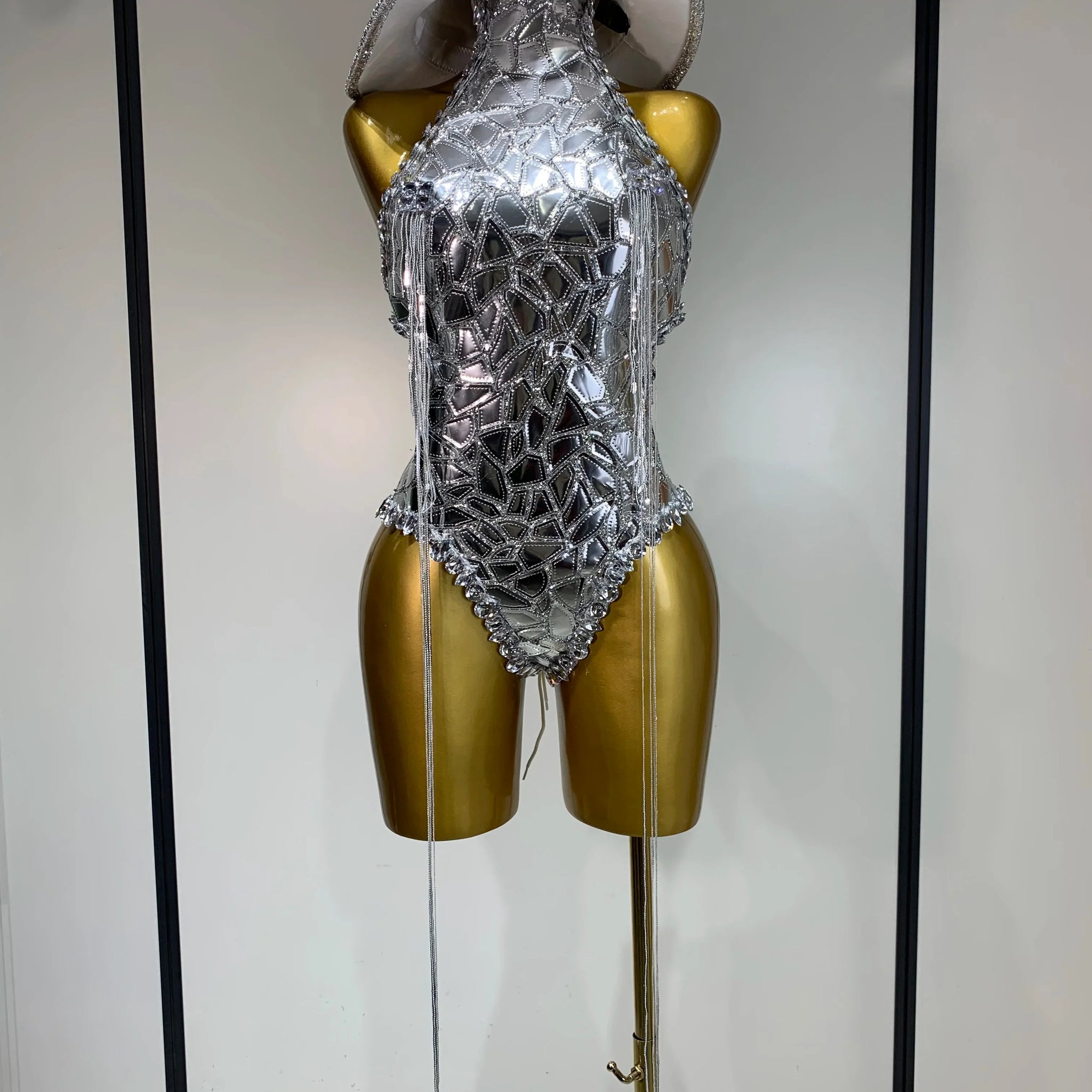 Sprakly Silver Bodysuit Sexy Two Pieces Outfit Dancer Birthday Evening Party Celebrate Performance Singer Stage Perform Outfit Silver