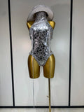 Sprakly Silver Bodysuit Sexy Two Pieces Outfit Dancer Birthday Evening Party Celebrate Performance Singer Stage Perform Outfit Silver