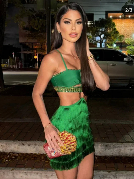 Stylish Tassel Sexy Hollow Out Spaghetti Strap Mini EvenDress Summer Holiday Vocation Vestido Music festival Outfit