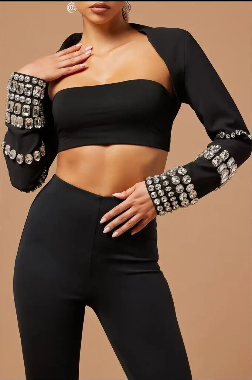 Stylish Sexy Woman Bandage Set Sparkling Diamonds Sleeve Wraps Short Strapless And Bodycon Pants 3 Pieces Evening Party Vestido