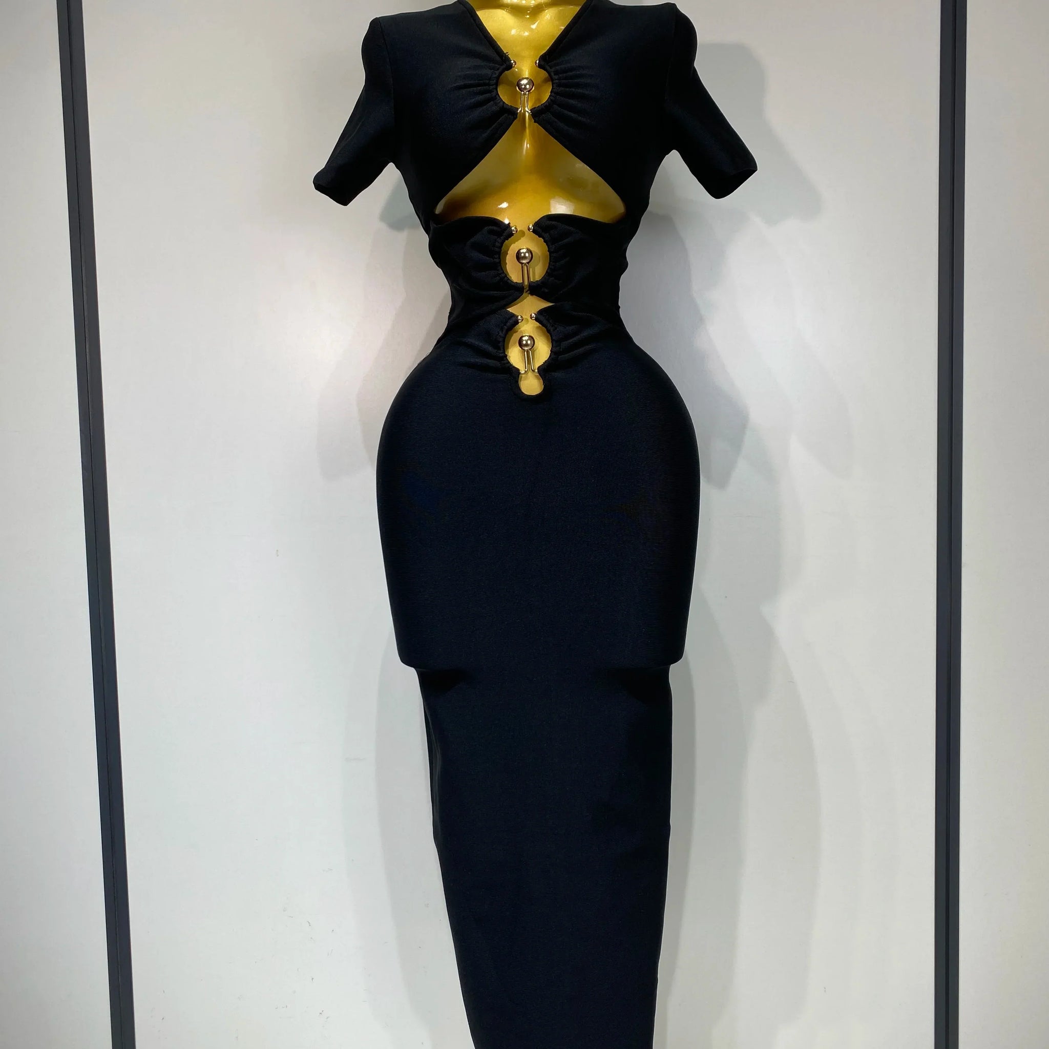 Women Sexy Cut Out Short Sleeve Bodycon Long Dress Party Evening Celebrate Birthday Black Bandage Knitted Club Prom Gown black
