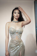 STOCK Women Sexy Strapless Shinning Sequins 2 Pieces Bodycon Long Dress Celebrate Nightclub Party Bar Singer Performance Costume