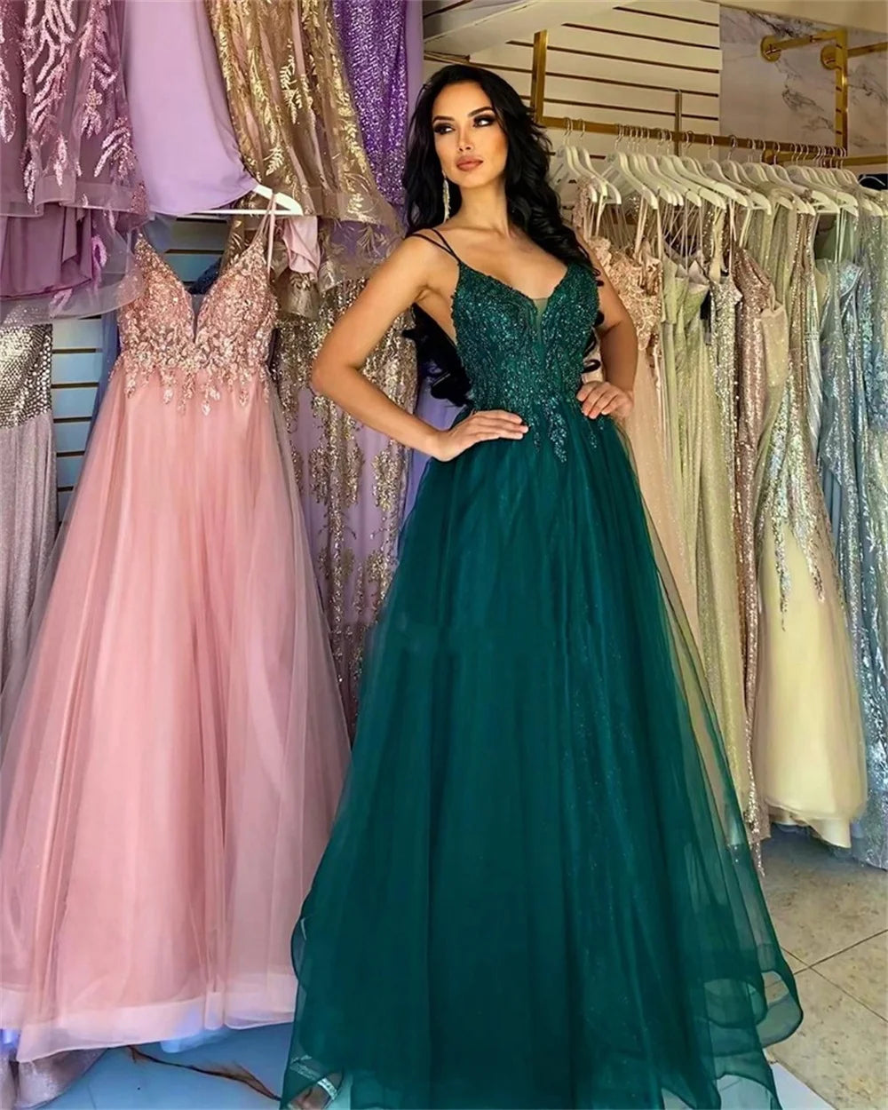 Elegant Blackish Green A-line Prom Dress Elegant Sequins Embroid Vestidos De Noche Luxury فساتين سهره فاخره