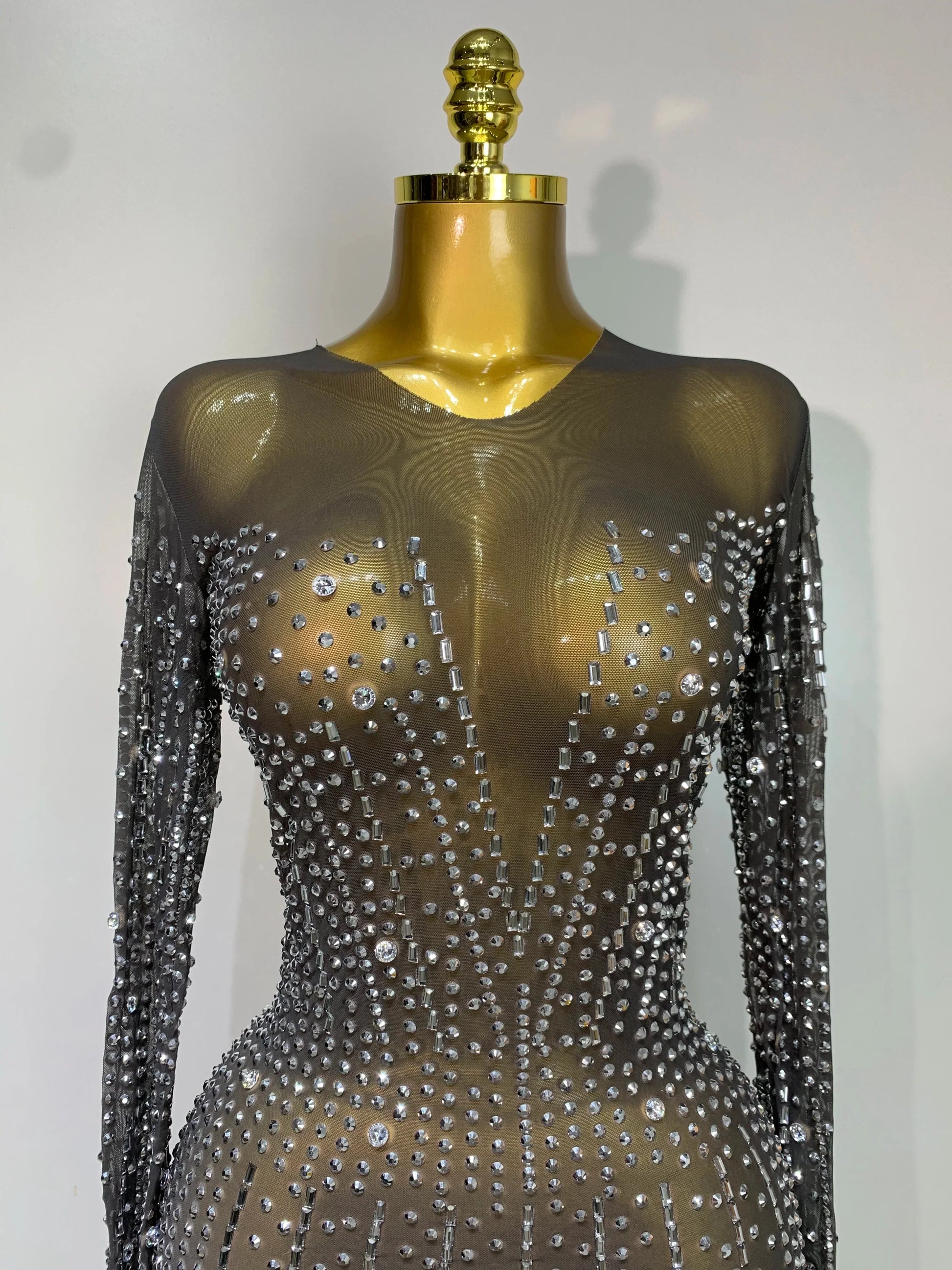 Women Sexy Long Sleeve Mesh See Through Dress Elegant Evening Party Luxury Birthday Club Rhinestone Performance Costume